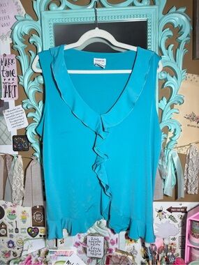 George Stretch Sleeveless Aquamarine Ruffle Trim Top Ladies Size XL (16/18) Y2K